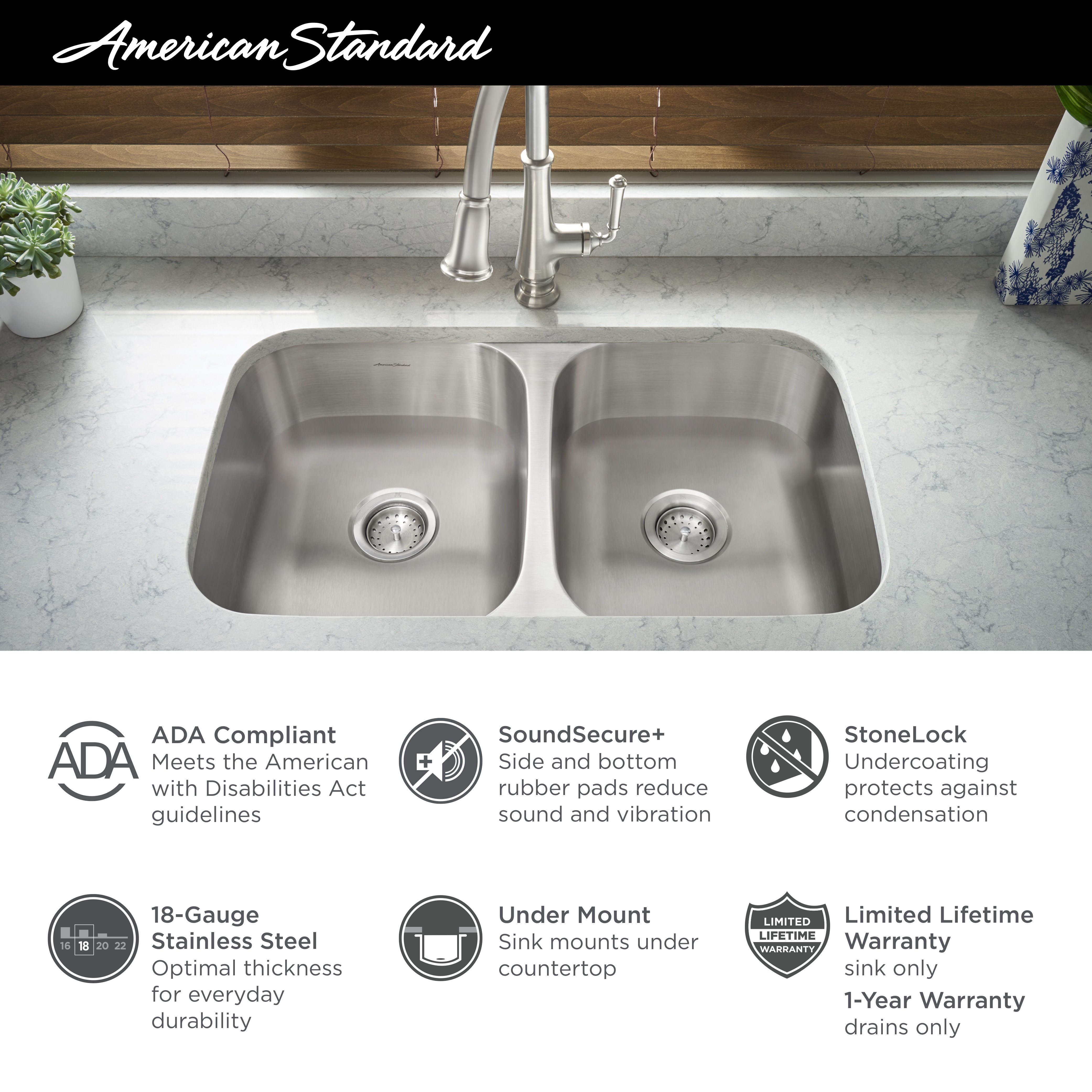 Portsmouth® 32 x 18-Inch Stainless Steel Undermount Double-Bowl ADA Kitchen Sink